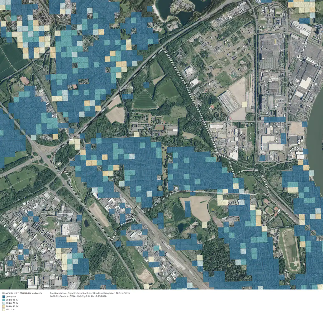 Breitbandverfügbarkeit 1000 Mbit/s im Gebiet Köln Longerich