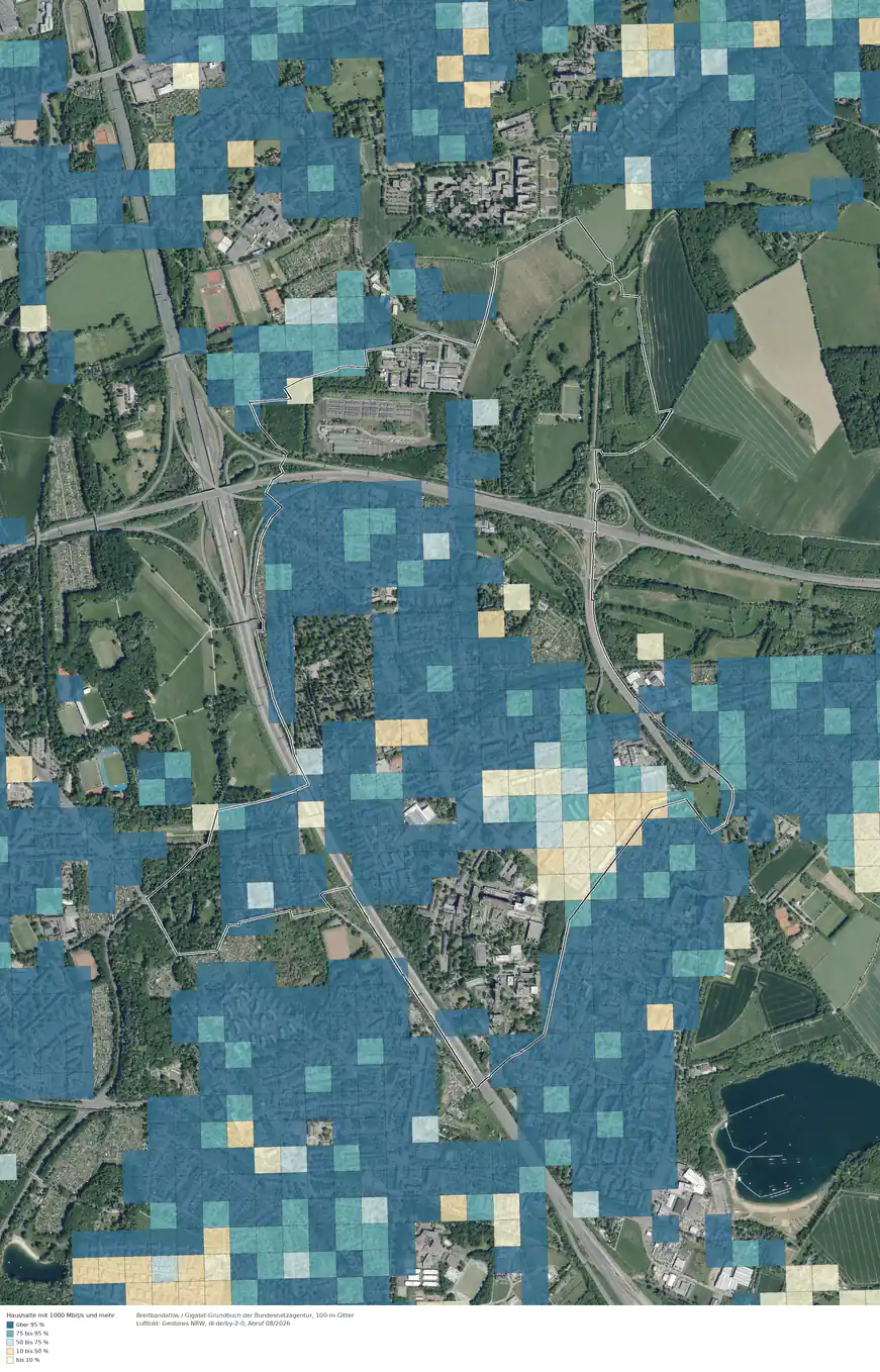 Breitbandverfügbarkeit 1000 Mbit/s im Gebiet Köln Merheim