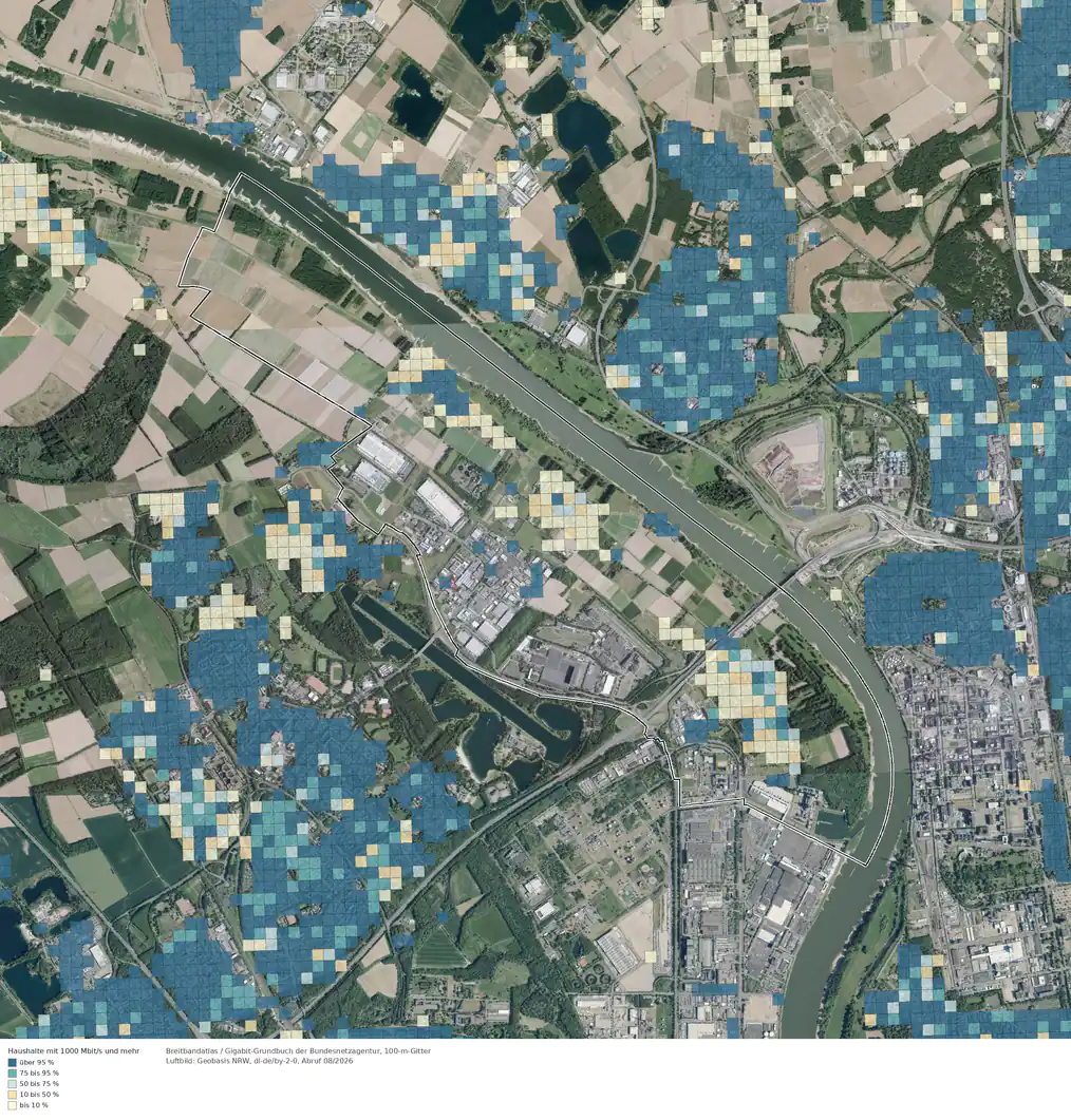 Breitbandverfügbarkeit 1000 Mbit/s im Gebiet Köln Merkenich