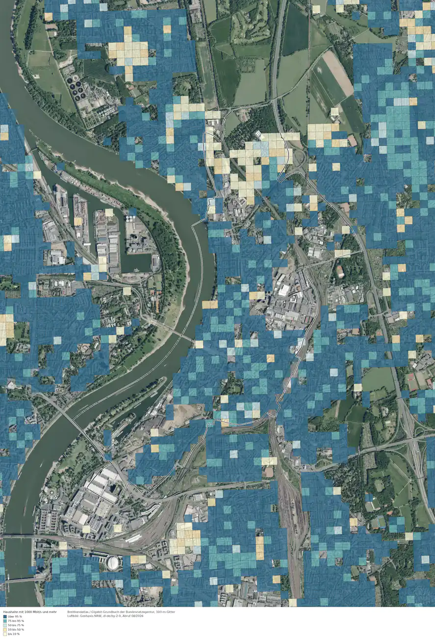 Breitbandverfügbarkeit 1000 Mbit/s im Gebiet Köln Mülheim