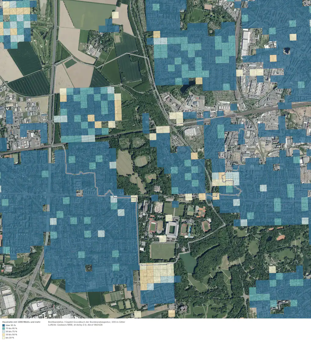 Breitbandverfügbarkeit 1000 Mbit/s im Gebiet Köln Müngersdorf