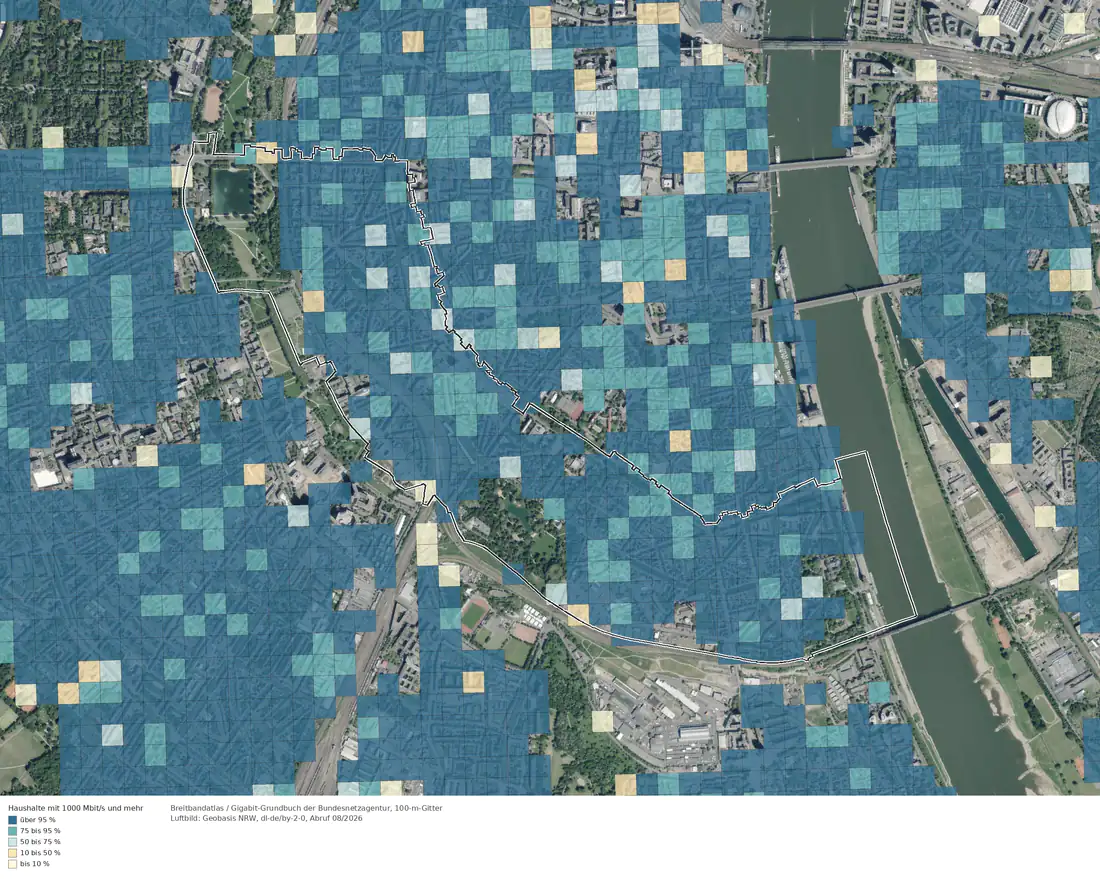 Breitbandverfügbarkeit 1000 Mbit/s im Gebiet Köln Neustadt-Süd