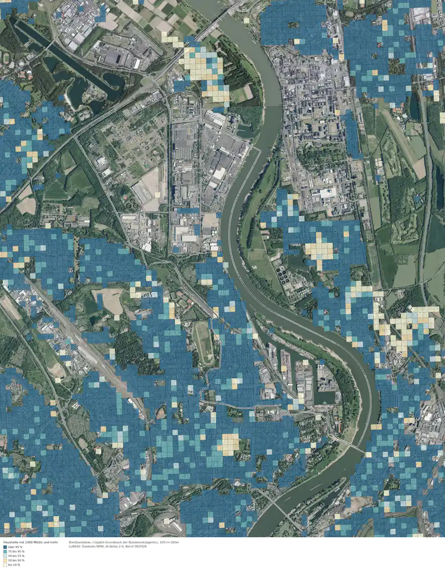 Breitbandverfügbarkeit 1000 Mbit/s im Gebiet Köln Niehl