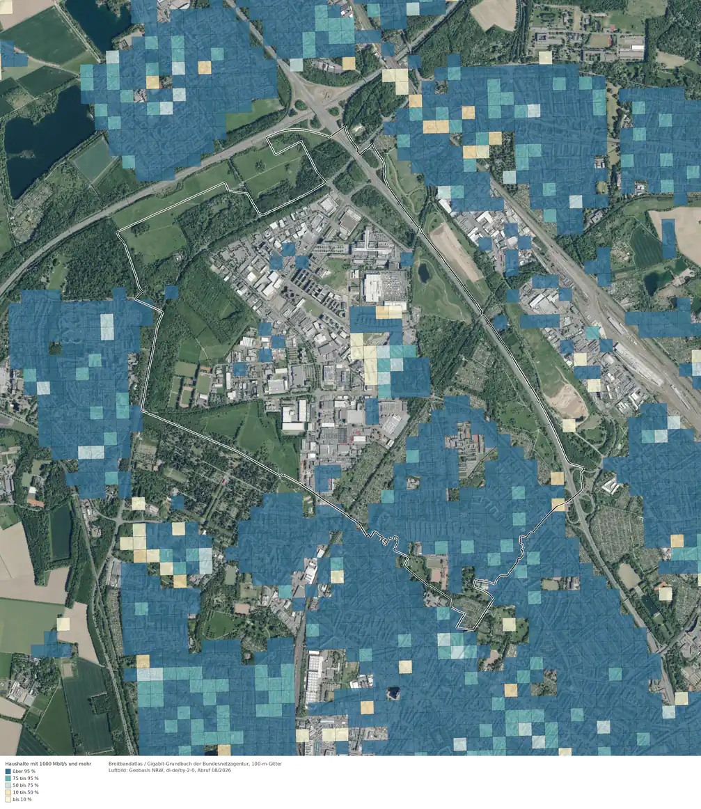Breitbandverfügbarkeit 1000 Mbit/s im Gebiet Köln Ossendorf