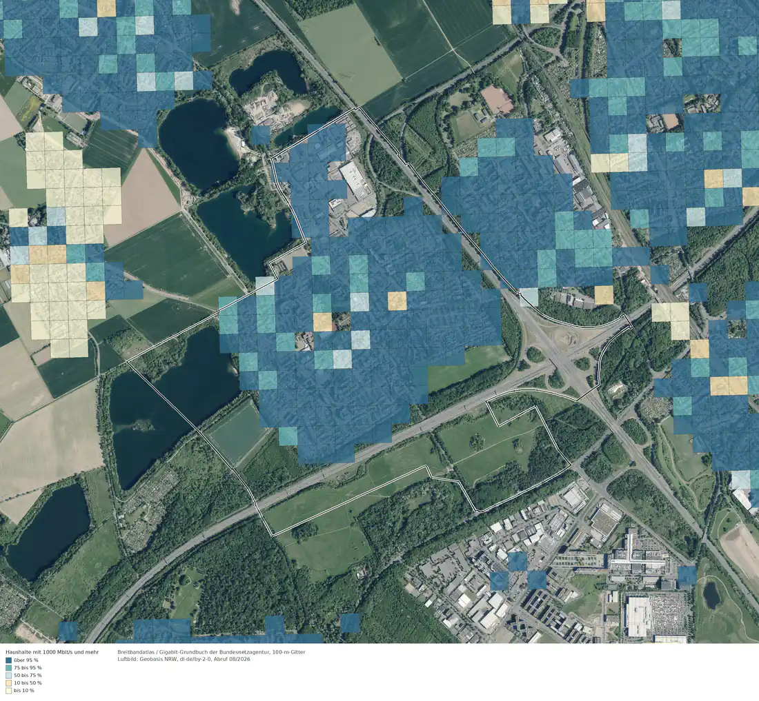 Breitbandverfügbarkeit 1000 Mbit/s im Gebiet Köln Pesch