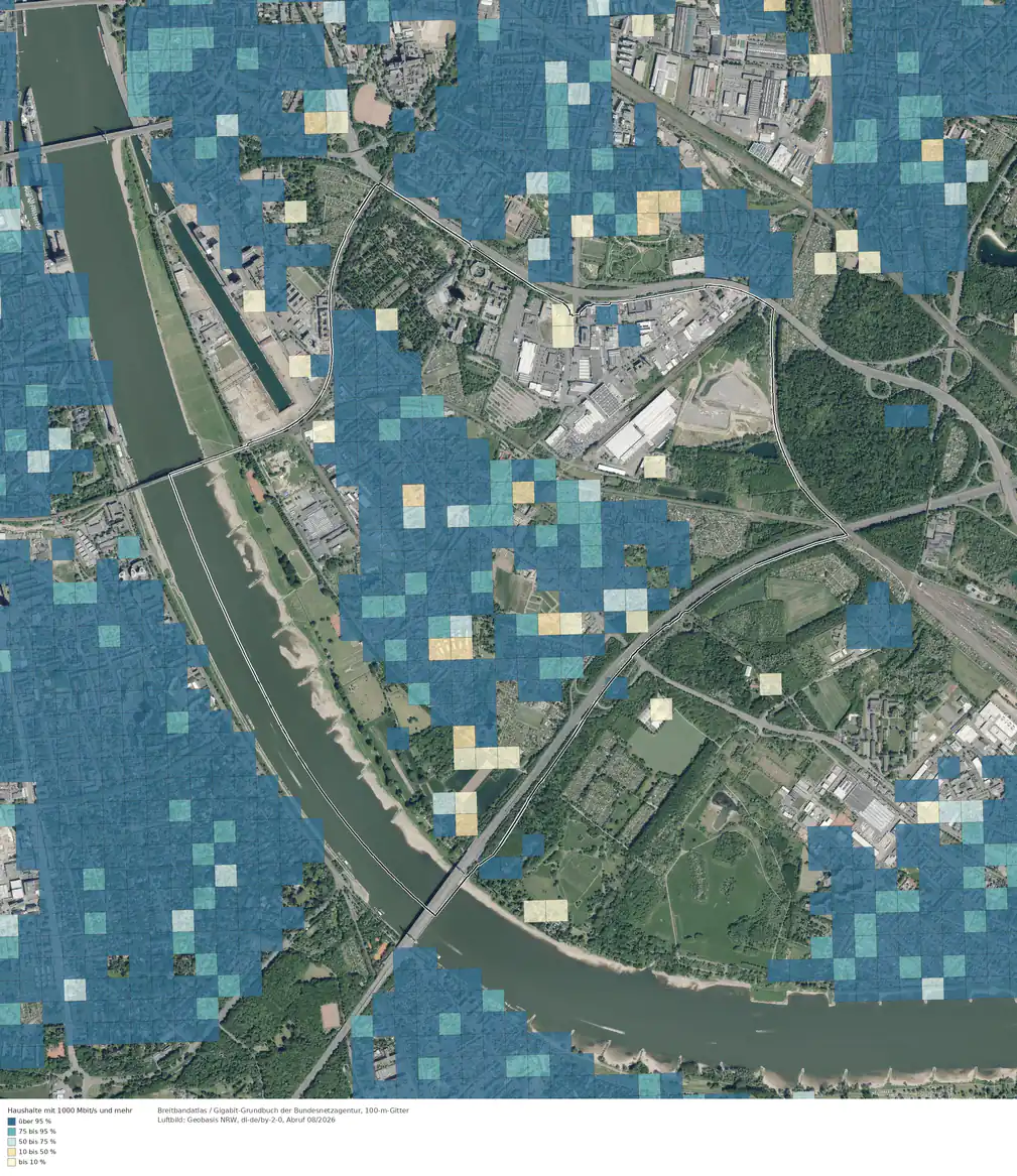 Breitbandverfügbarkeit 1000 Mbit/s im Gebiet Köln Poll