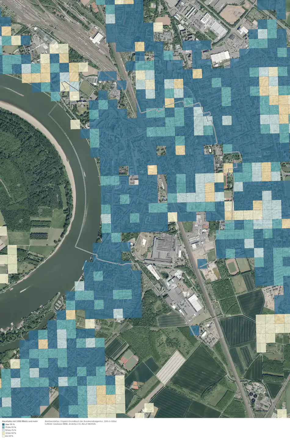 Breitbandverfügbarkeit 1000 Mbit/s im Gebiet Köln Porz