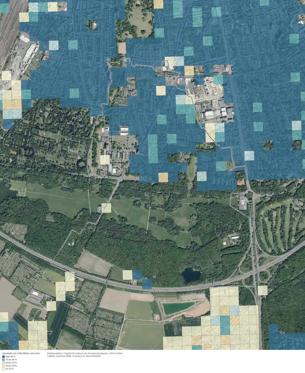 Breitbandverfügbarkeit 1000 Mbit/s im Gebiet Köln Raderthal
