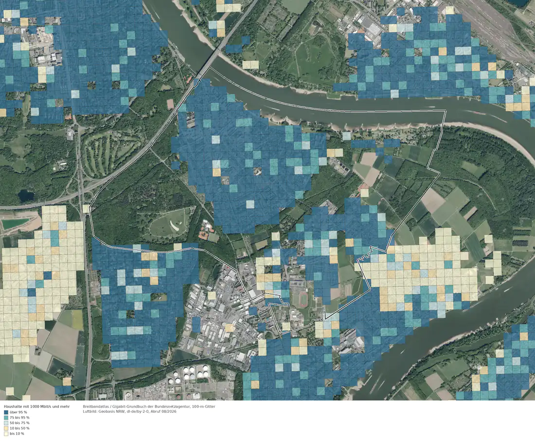 Breitbandverfügbarkeit 1000 Mbit/s im Gebiet Köln Rodenkirchen