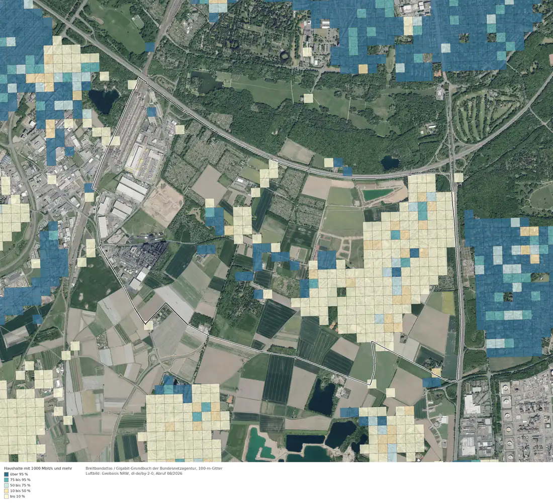 Breitbandverfügbarkeit 1000 Mbit/s im Gebiet Köln Rondorf