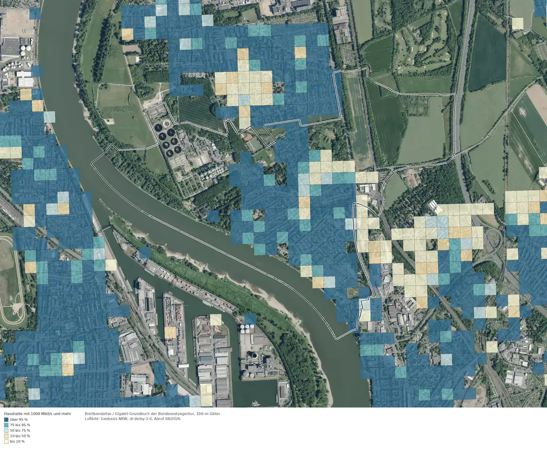 Breitbandverfügbarkeit 1000 Mbit/s im Gebiet Köln Stammheim