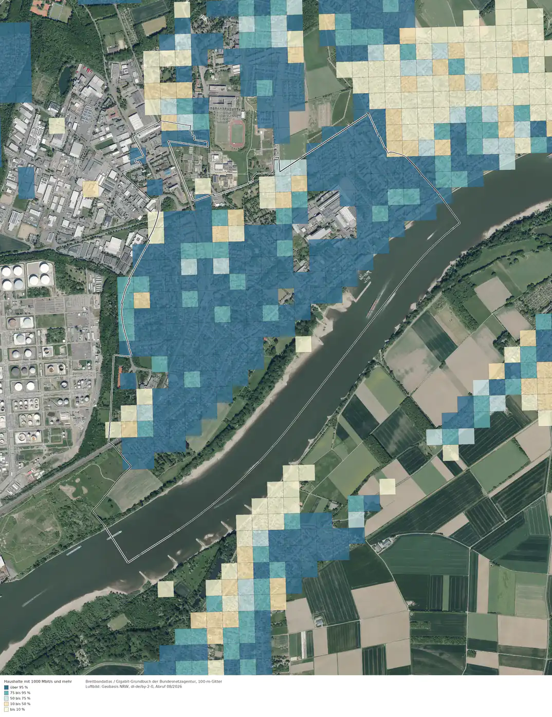 Breitbandverfügbarkeit 1000 Mbit/s im Gebiet Köln Sürth