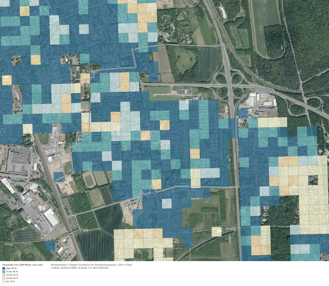 Breitbandverfügbarkeit 1000 Mbit/s im Gebiet Köln Urbach