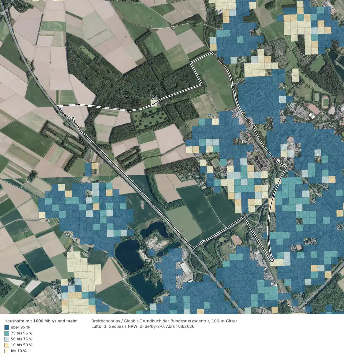 Breitbandverfügbarkeit 1000 Mbit/s im Gebiet Köln Volkhoven/Weiler