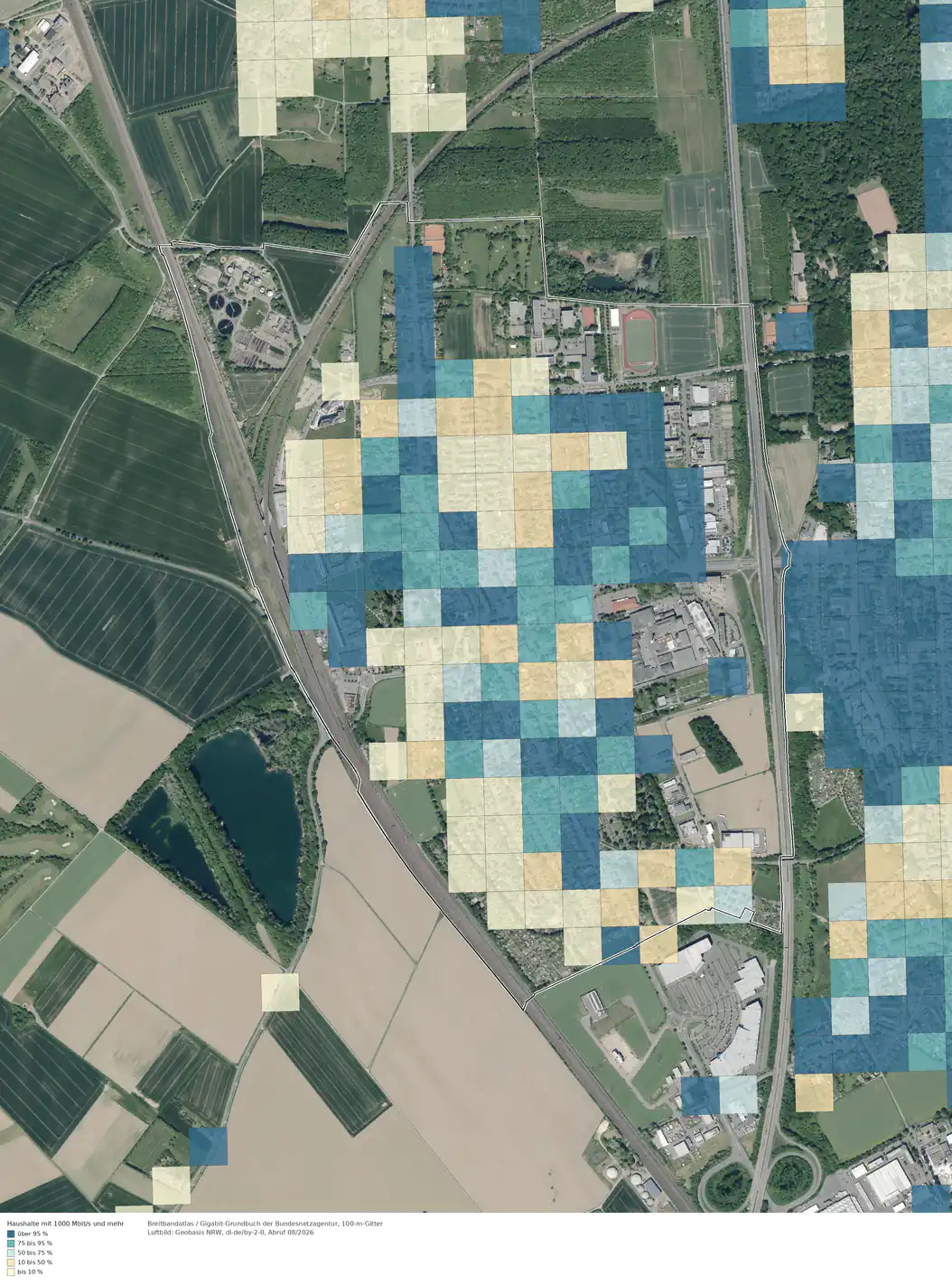 Breitbandverfügbarkeit 1000 Mbit/s im Gebiet Köln Wahn