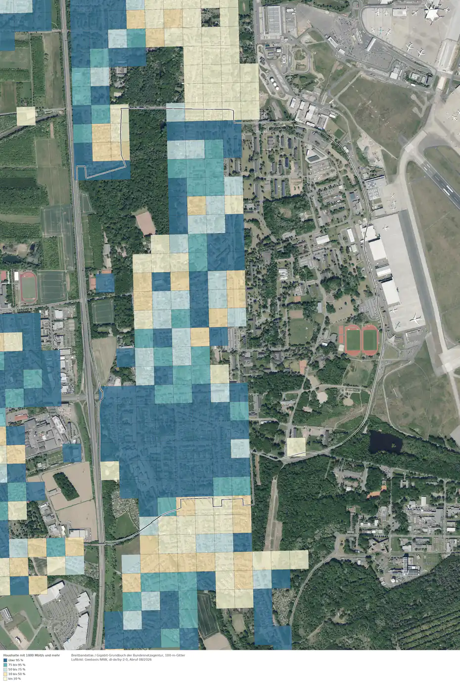 Breitbandverfügbarkeit 1000 Mbit/s im Gebiet Köln Wahnheide