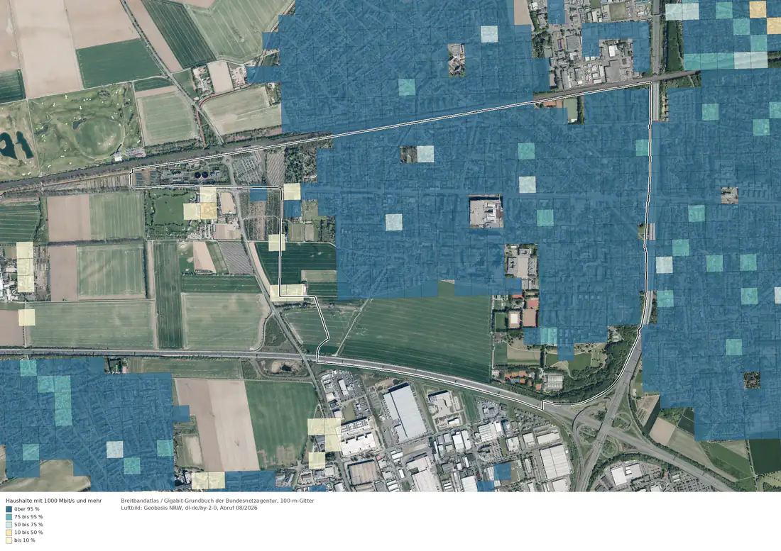 Breitbandverfügbarkeit 1000 Mbit/s im Gebiet Köln Weiden