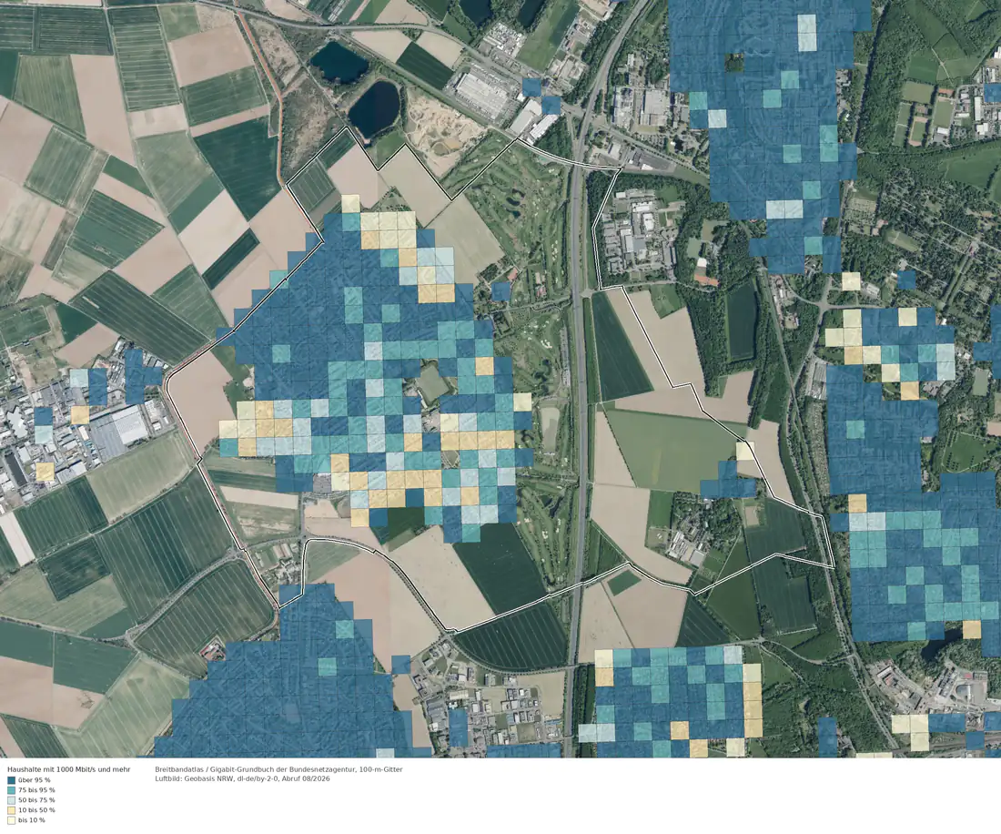 Breitbandverfügbarkeit 1000 Mbit/s im Gebiet Köln Widdersdorf