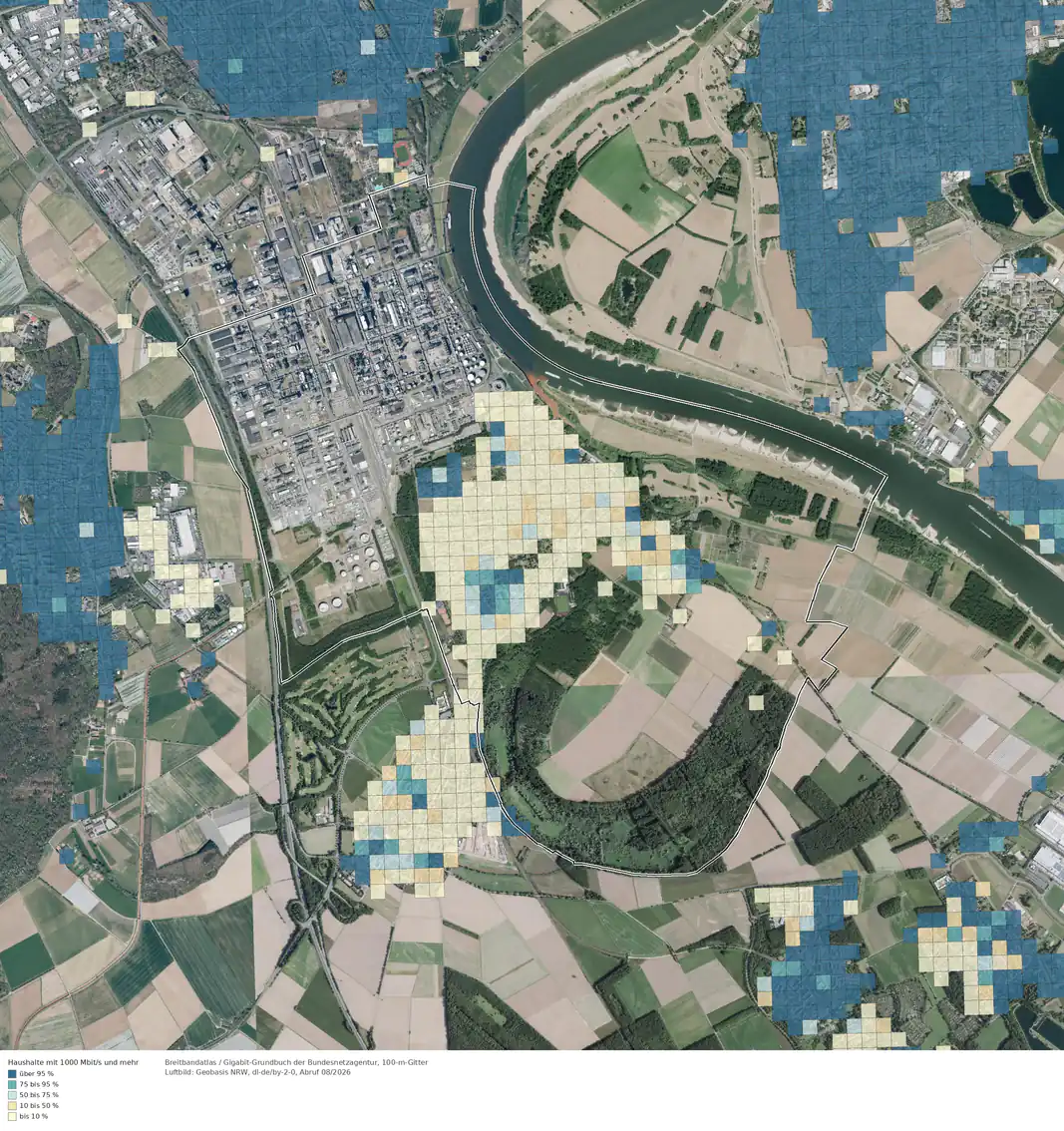 Breitbandverfügbarkeit 1000 Mbit/s im Gebiet Köln Worringen