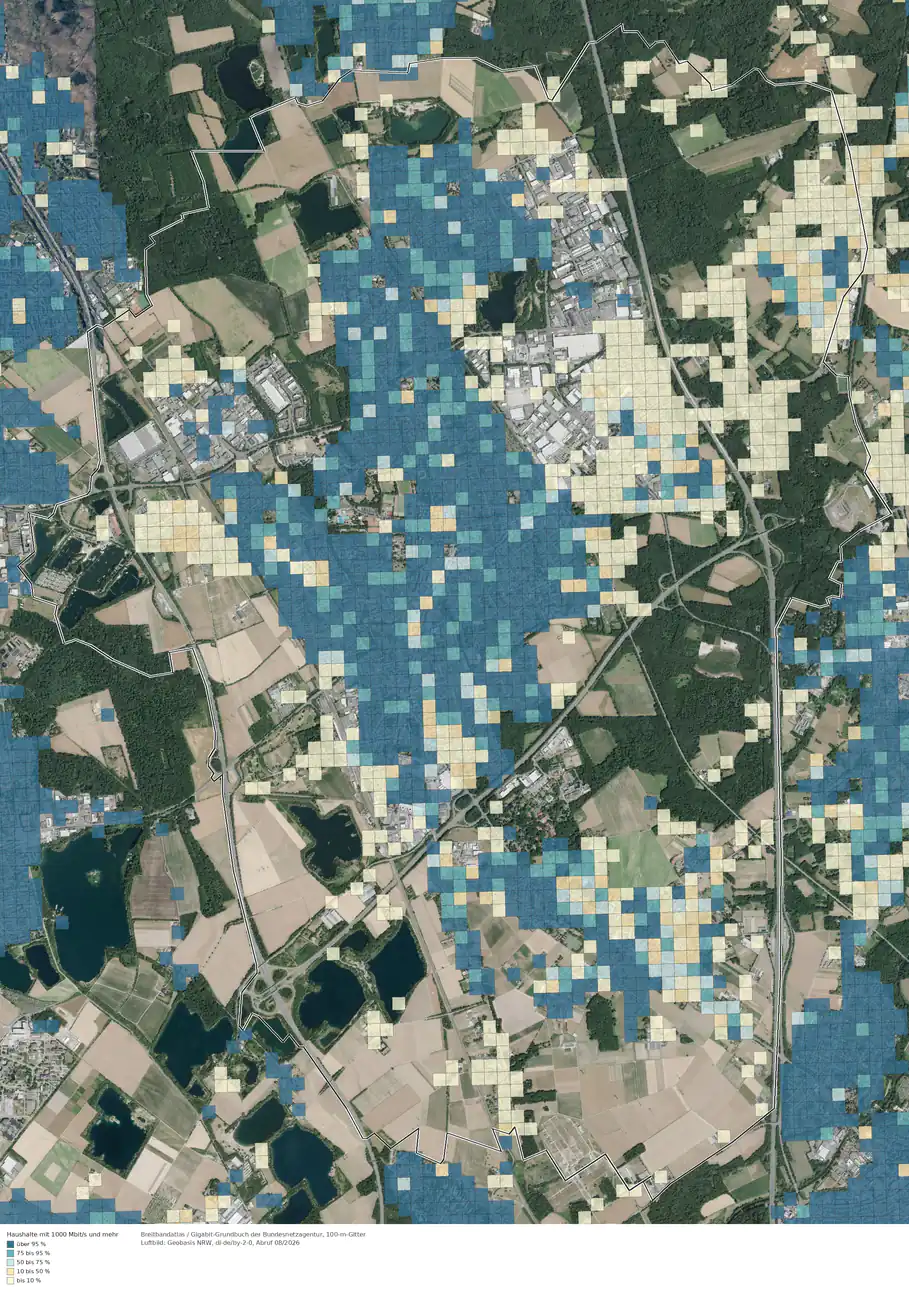 Breitbandverfügbarkeit 1000 Mbit/s im Gebiet Langenfeld