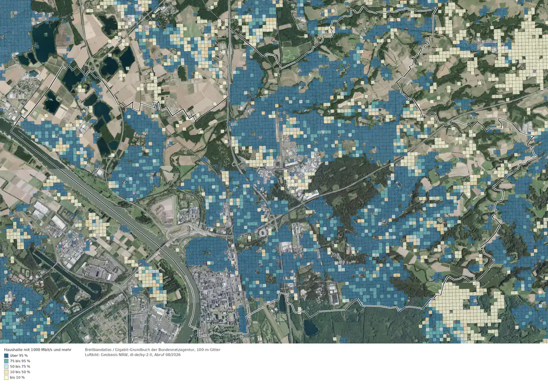 Breitbandverfügbarkeit 1000 Mbit/s im Gebiet Leverkusen