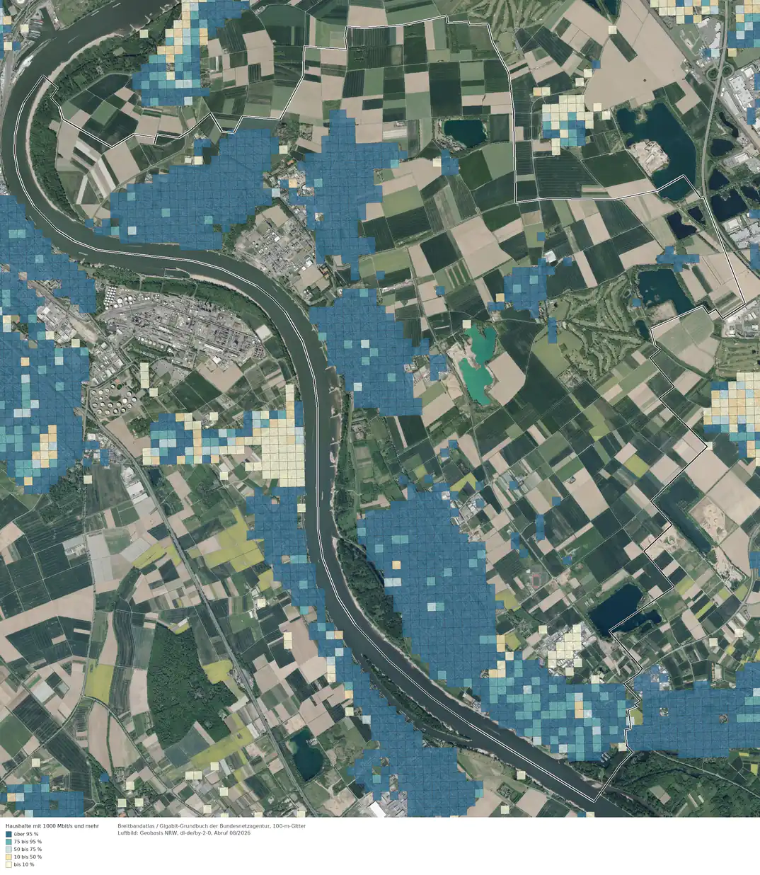 Breitbandverfügbarkeit 1000 Mbit/s im Gebiet Niederkassel