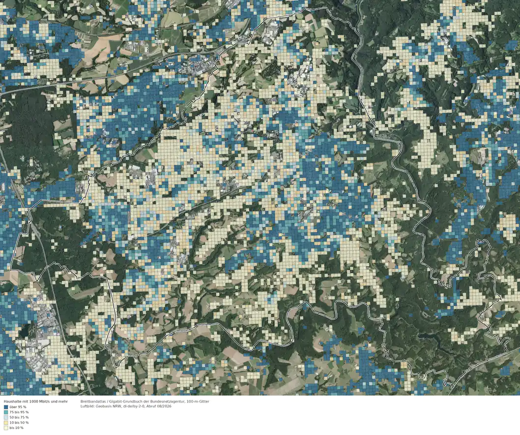 Breitbandverfügbarkeit 1000 Mbit/s im Gebiet Solingen