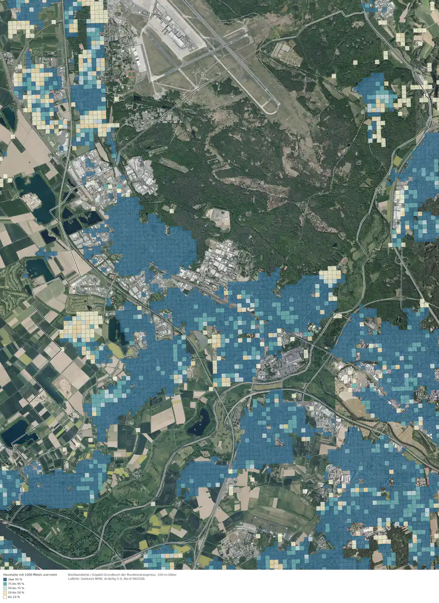 Breitbandverfügbarkeit 1000 Mbit/s im Gebiet Troisdorf