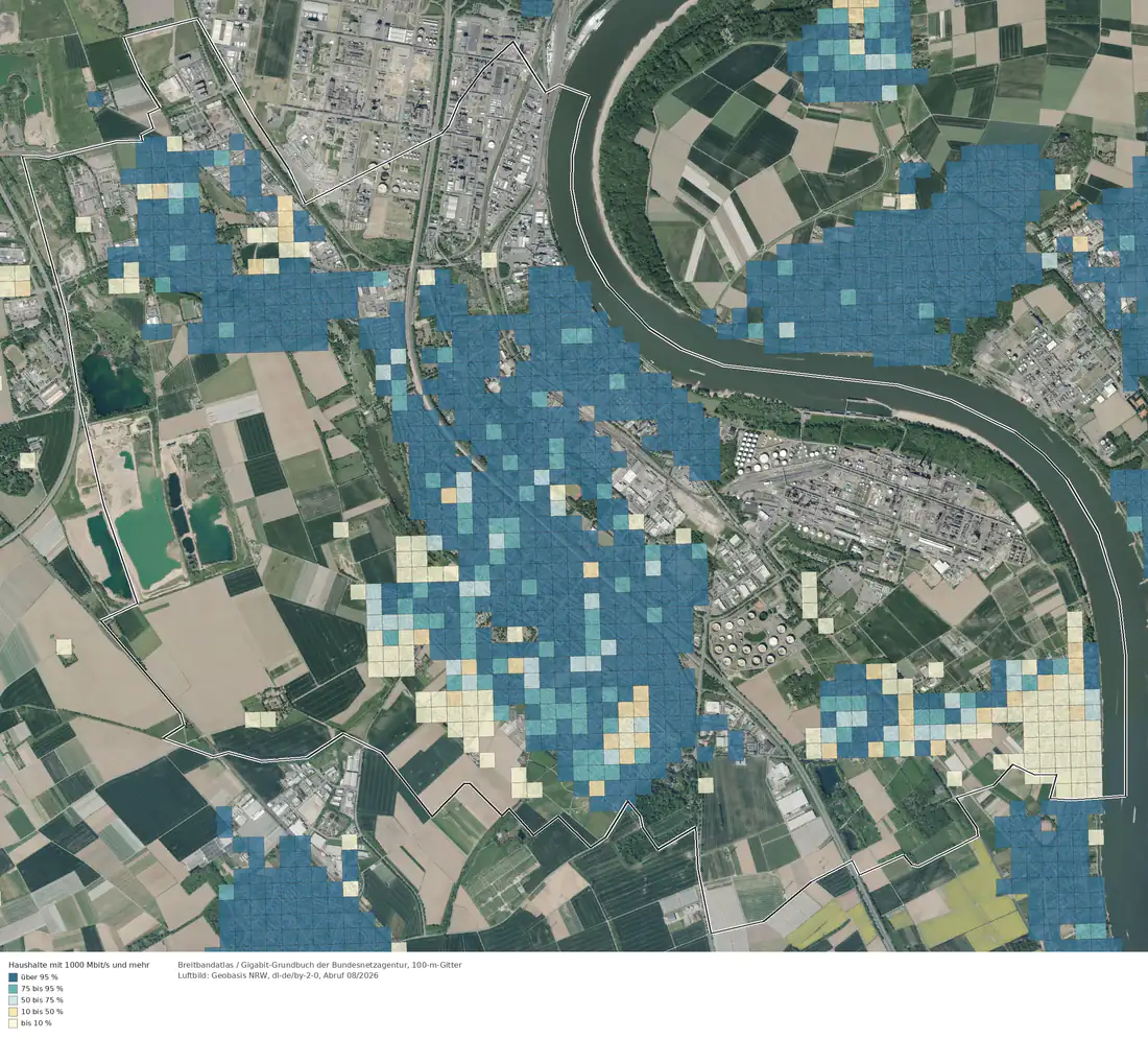 Breitbandverfügbarkeit 1000 Mbit/s im Gebiet Wesseling
